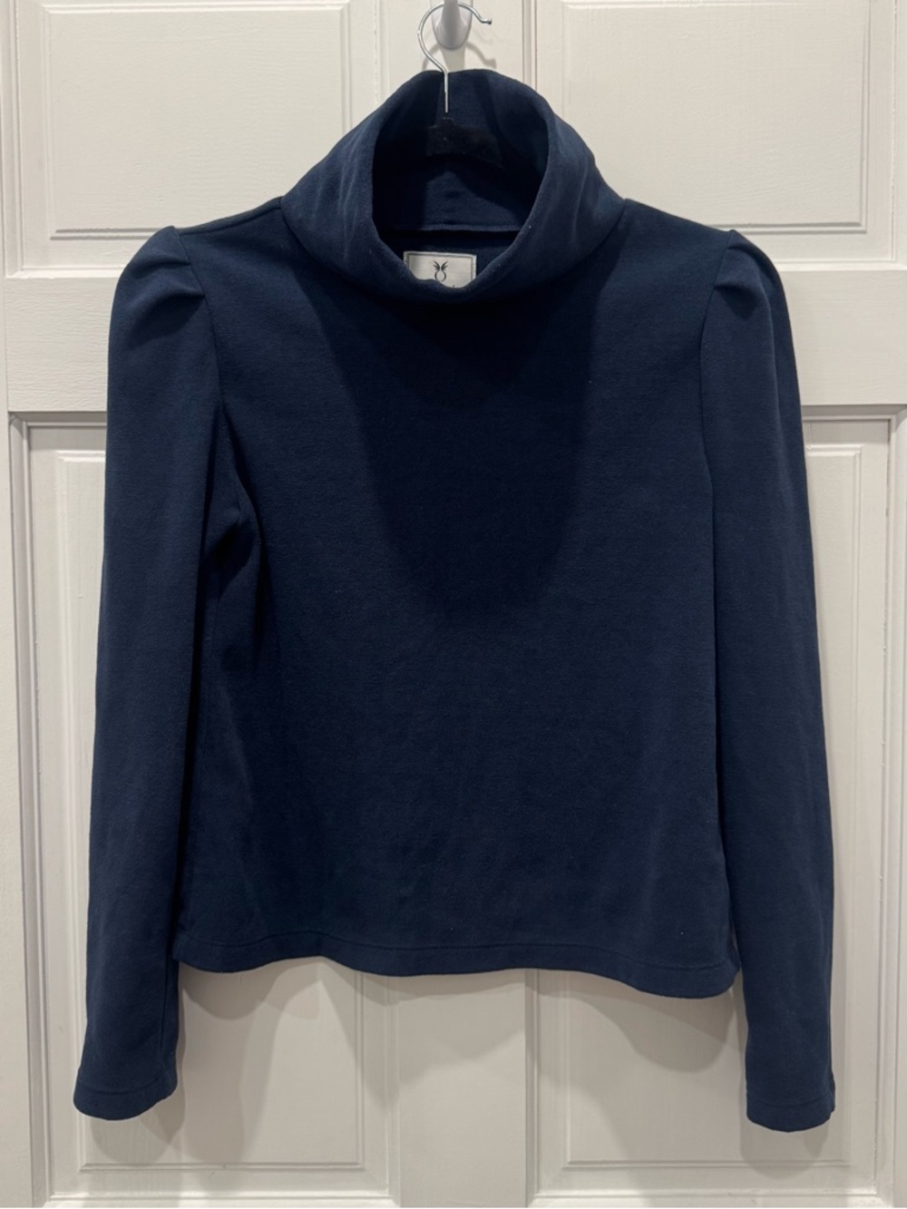 Dudley Stephens Palmer Puff Sleeve Turtleneck Navy Blue Terry Fleece Top Size S